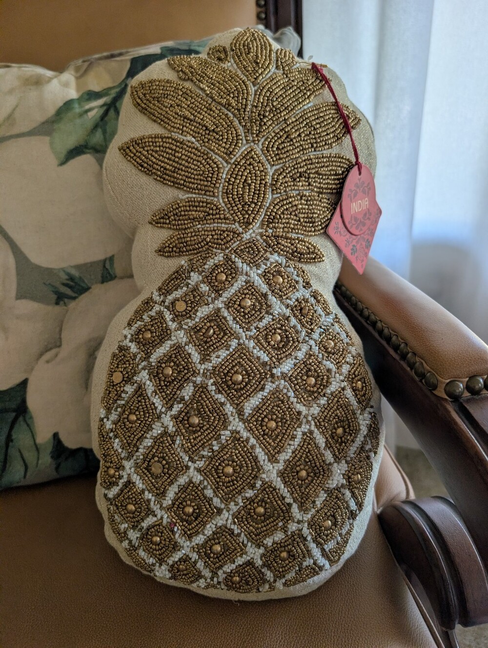 Beaded Pineapple Decorative Pillow - Gold on Cream - Picture 2 of 8